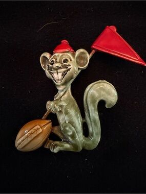 Vintage Mouse Brooch with Red Flag and Brown Acorn - Women's Jewelry